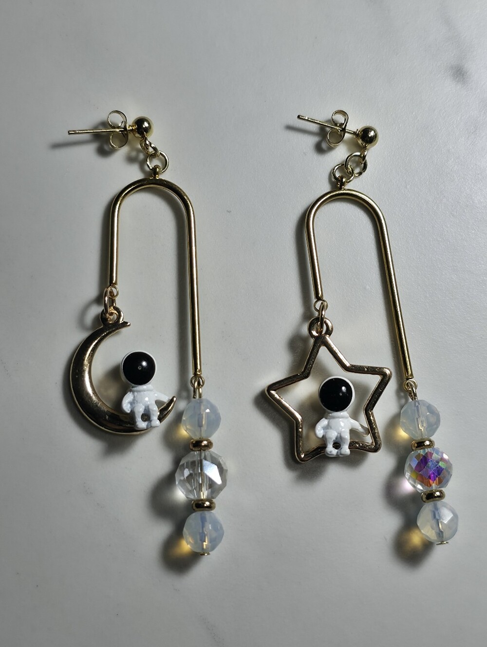 Celestial Astronaut Dangle Earrings | Gold Moon, Star & Opalite Glass Beads - Picture 2 of 3
